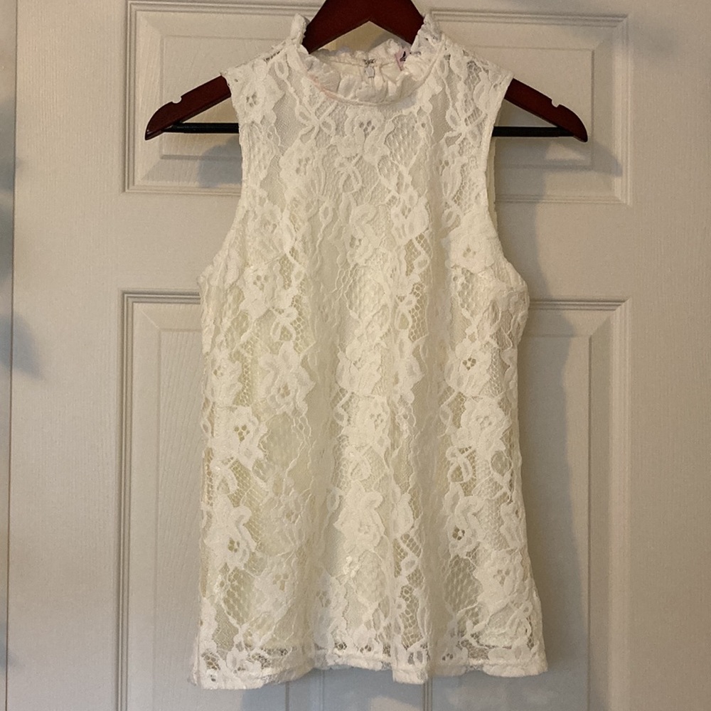 Nanette Lepore white lace tank sleeveless mock neck ruffles